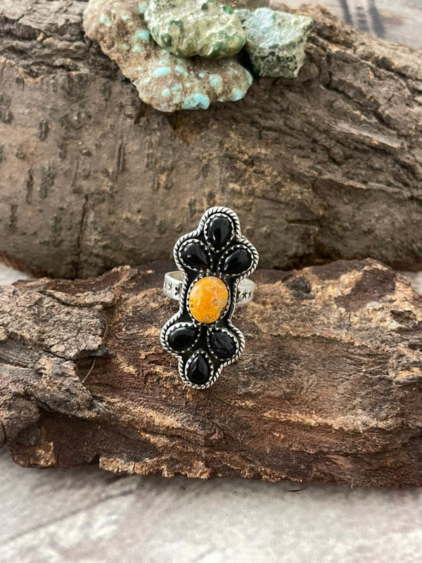 Halloween Collection — Sterling Silver Black Onyx Bumblebee Adjustable Ring — Signed Nizhoni