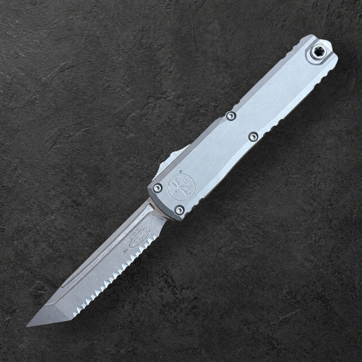 MICROTECH - Ultratech Gen III ZBP in Natural Clear W/ T/E Full Serrated Apocalyptic Blade Finish Model # 1123-12 APNC