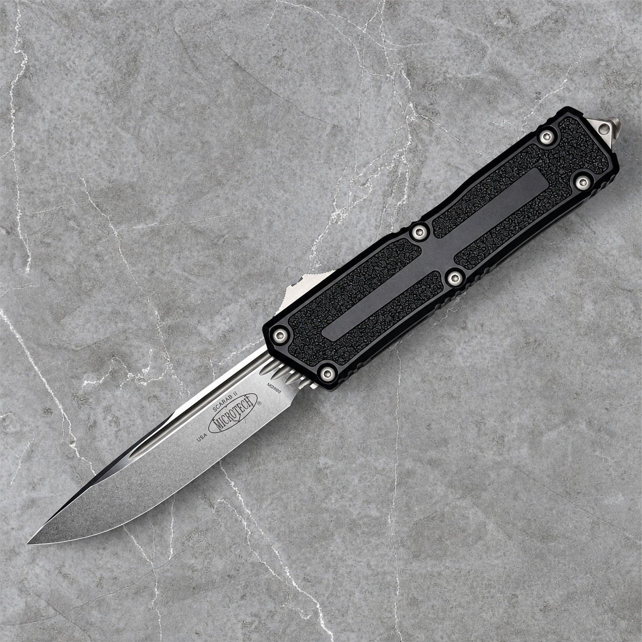 MICROTECH - Scarab II S/E Gen III in Black W/ Stonewash Standard Edge Blade. Model: 1278-10