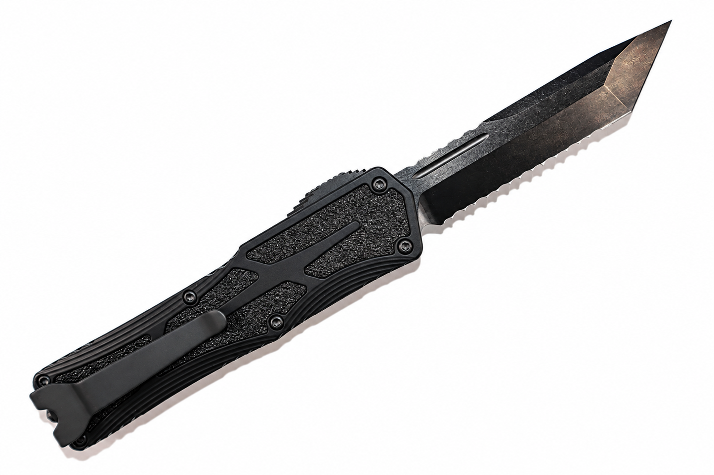 HERETIC - Colossus in Tactical Black W/ Black Grip Inlays & DLC Full Serrated Tanto Edge Blade Finish. Model # H040-6C-T