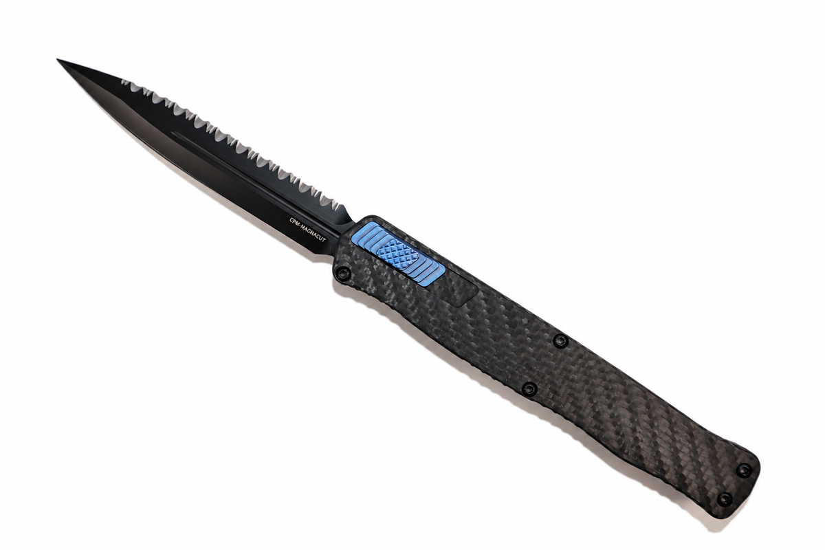 HERETIC - Cleric II in Black Chassis W/ Carbon Fiber inlay - Full Serrated Double Edge DLC Finish Blade, Blue Ti Button and Blue Ti Clip Model # H020-6C-CF/BLU