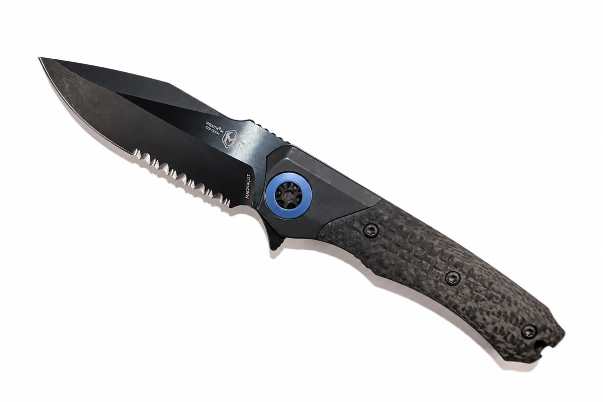 HERETIC- Wraith Manual V3 in Titanium Chassis, Carbon Fiber Inlays W/ DLC Serrated Battleworn MagnaCut Blade & Blue Ti Accents Model # H001-6B-BLUTi