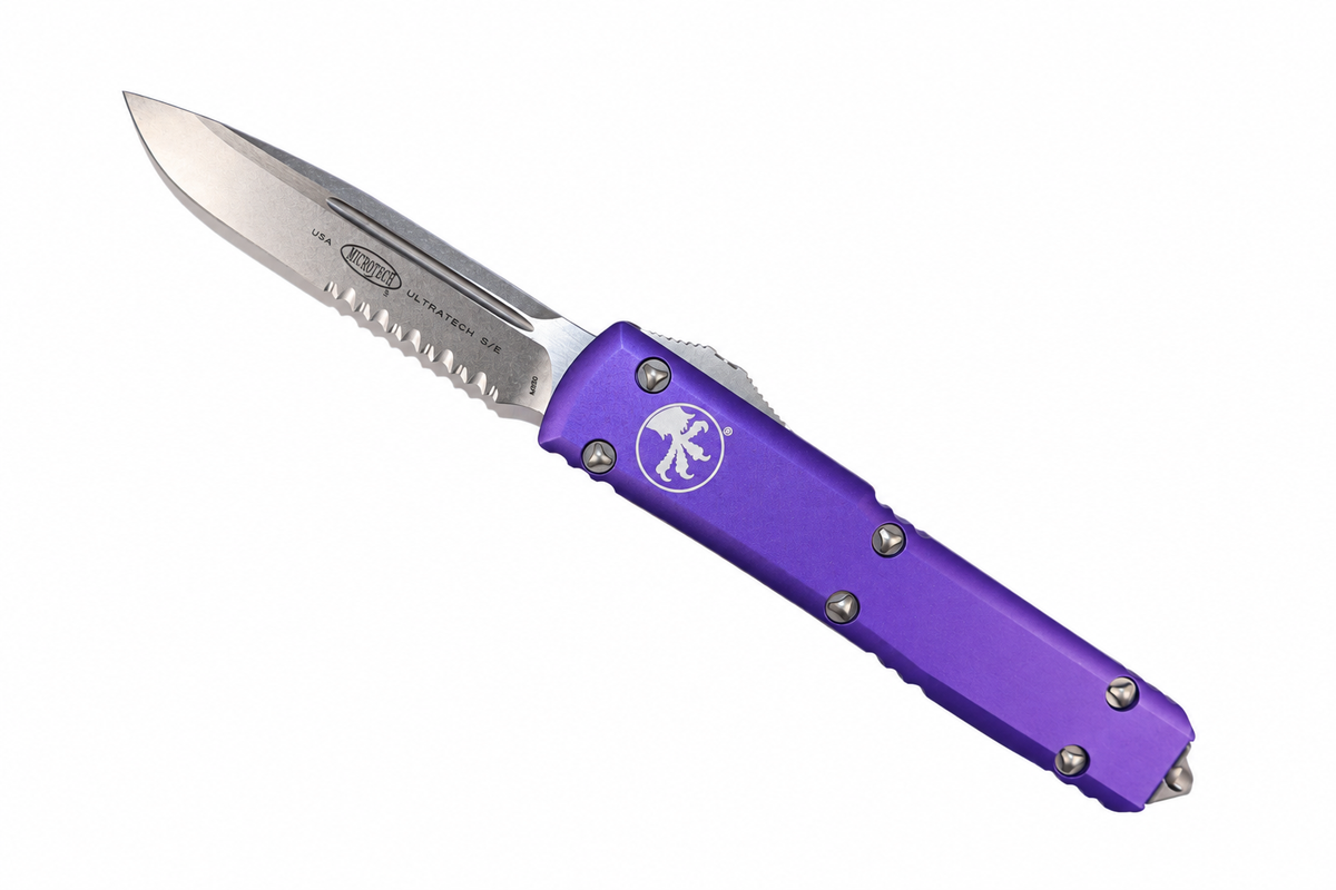 MICROTECH - Ultratech Partial Serrated Standard Edge in Purple with Stonewashed Finished Blade. Model # 121-11PU