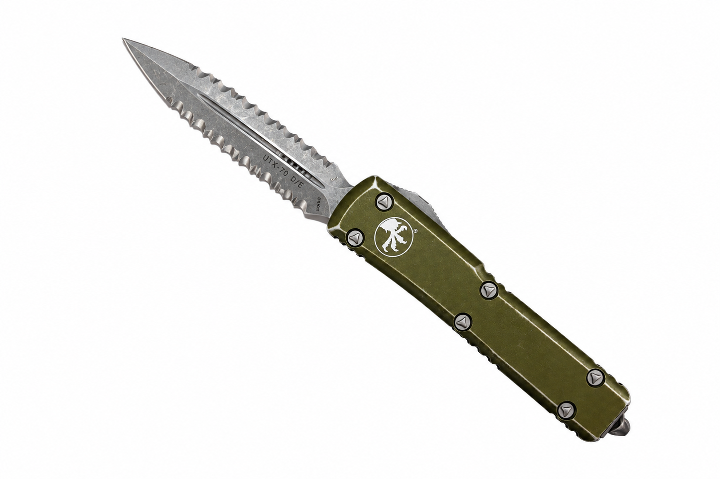 MICROTECH - UTX-70 Fully Serrated Double Edge in Distressed OD Green with Apocalyptic Finish Blade. Model # 147-D12 DOD