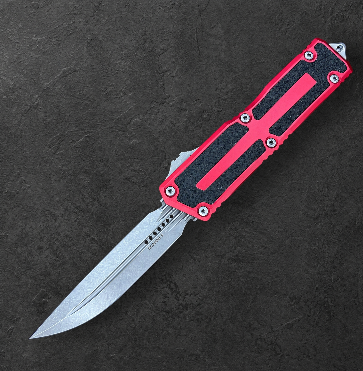 MICROTECH - Scarab II Generation III D/E-S in Red W/ Apocalyptic Blade Finish. SKU# 1180-10APRD