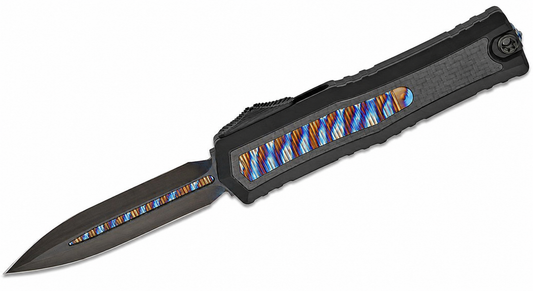 Marfione Custom Atreus double edge automatic knife open — black DLC blade with flamed titanium inlay, carbon fiber and flamed titanium handle inlays