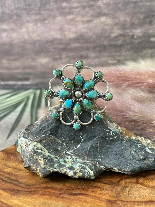 Handmade Sterling Silver Kingman Turquoise Adjustable Ring — Signed Nizhoni