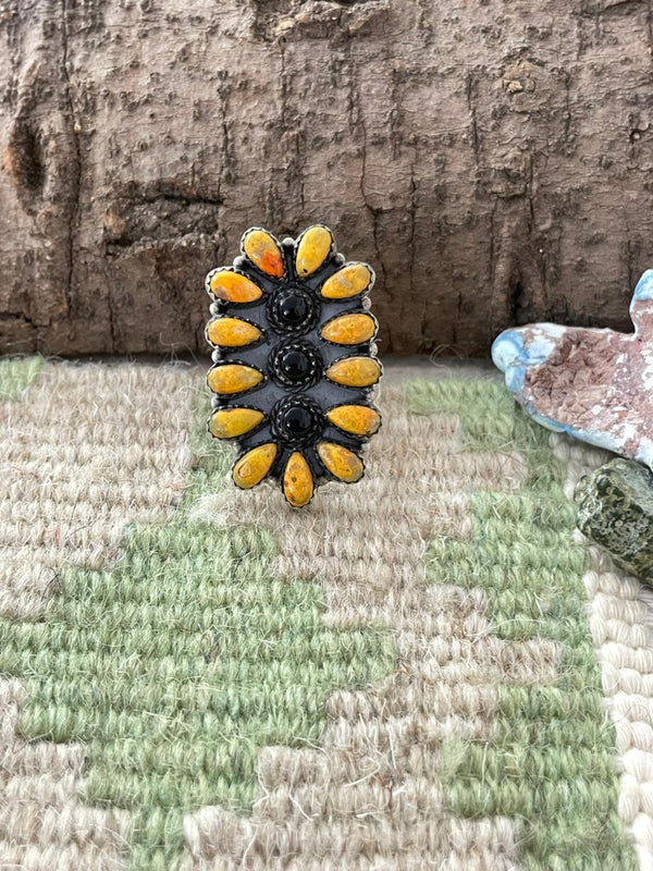 Halloween Collection — Sterling Silver Black Onyx Bumblebee Adjustable Ring — Signed Nizhoni