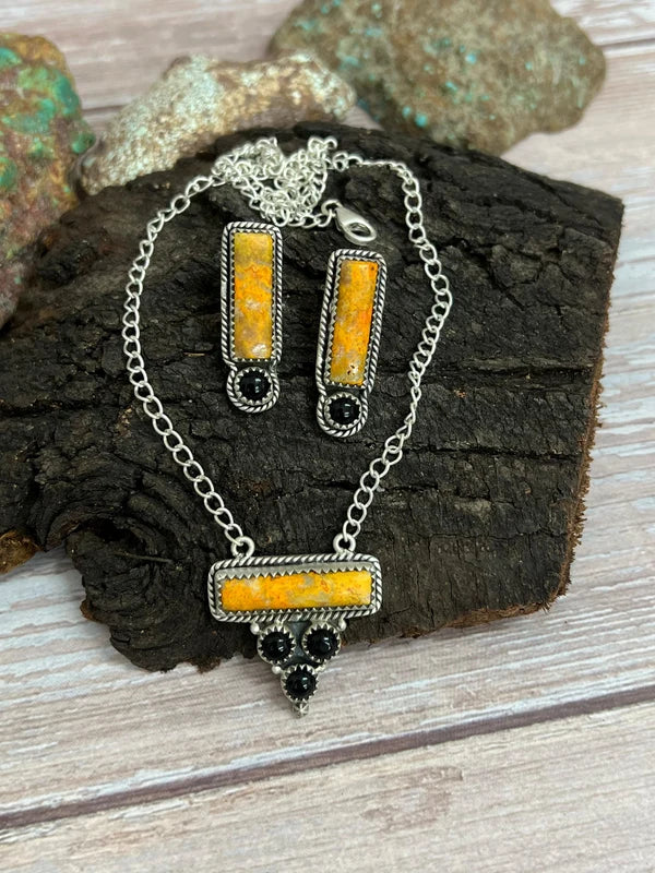 Halloween Collection — Sterling Silver Black Onyx Bumblebee Naja Necklace — Signed Nizhoni