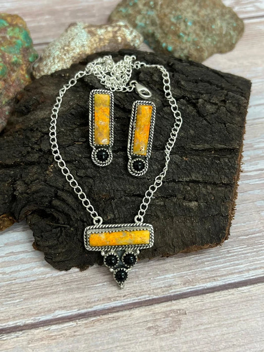 Halloween Collection — Sterling Silver Black Onyx Bumblebee Naja Necklace — Signed Nizhoni