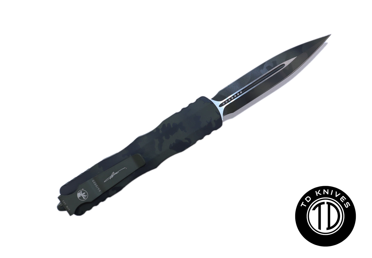 MICROTECH - Signature Series Dirac Double Edge with Olive Camo Handle and Olive Camo Blade Finish. Model # 225-1OCS