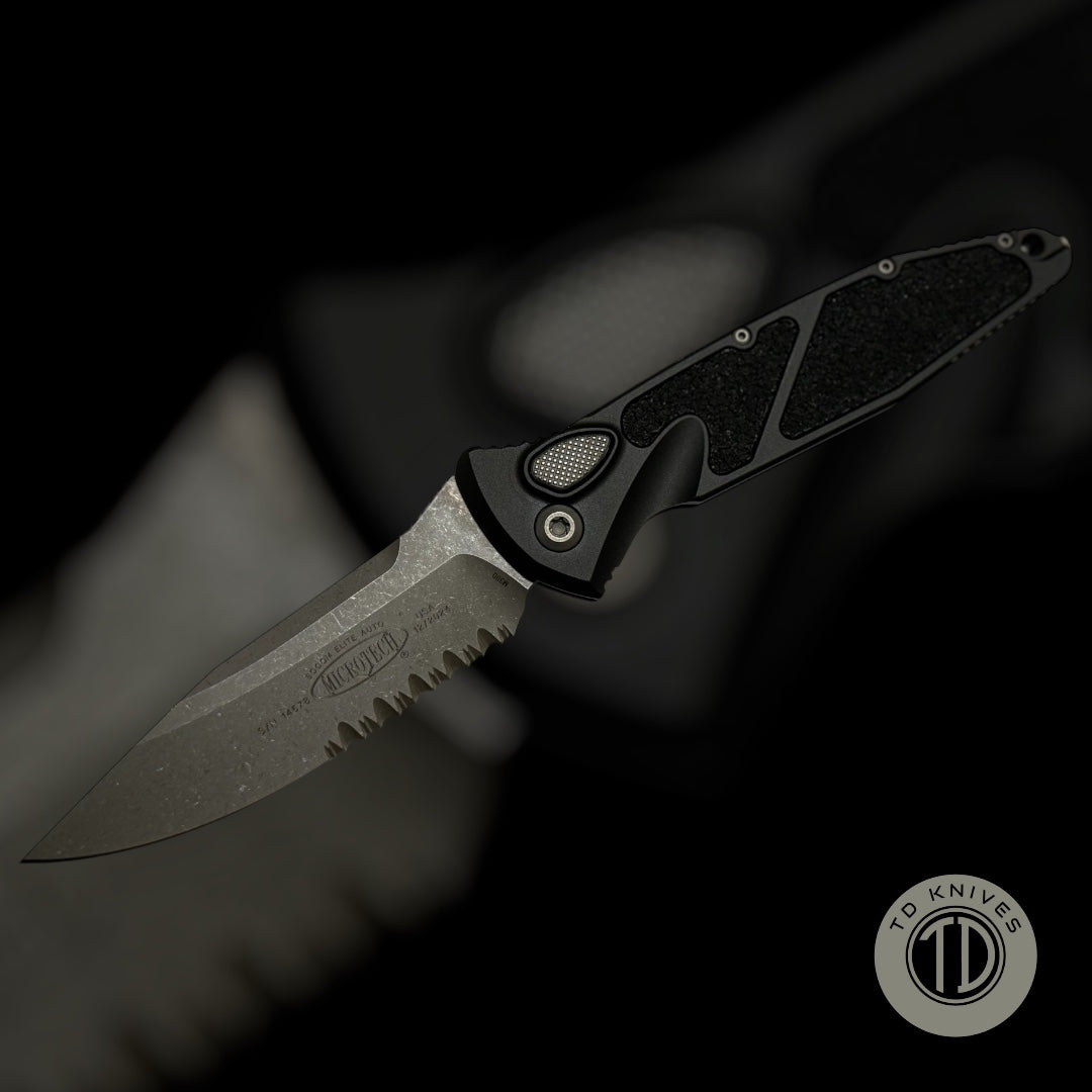 MICROTECH - Socom Elite Auto in Black W/ Partial Serrated S/E Apocalyptic Blade. Model # 160A-11AP