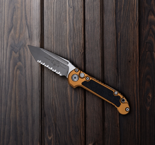 MICROTECH - LUDT T/E Gen III in Tan W/ Full Serrated Apocalyptic Blade Finish. Model # 1136-12 APTA