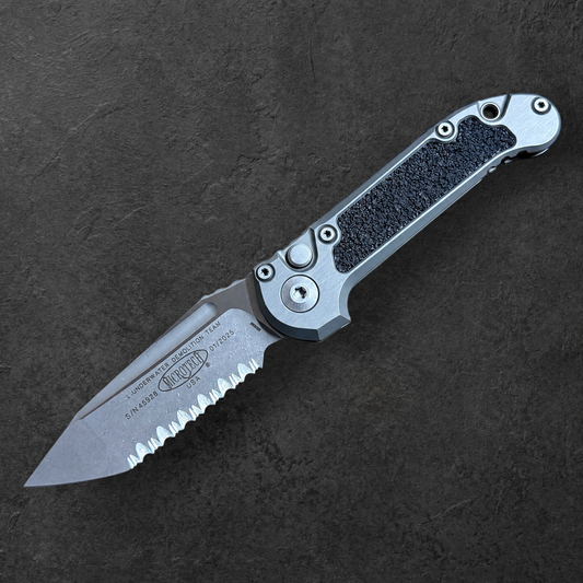 MICROTECH - LUDT T/E Gen III in Natural Clear W/ Full Serrated Apocalyptic Blade Finish. Model # 1136-12 APNC