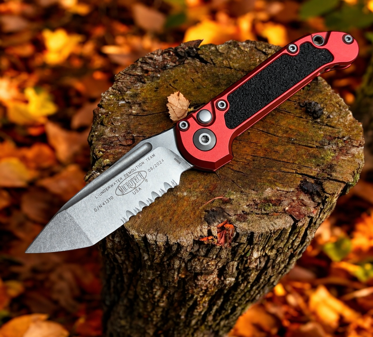 MICROTECH - LUDT T/E Gen III in Red W/ Partial Serrated Stonewashed Blade Finish. Model # 1136-11RD