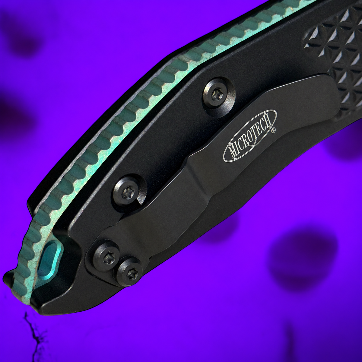 MICROTECH / BORKA- Stitch Auto - Standard Edge W/ Antique Green Titanium Backspacer. Model # 169-1 BK-A3TI