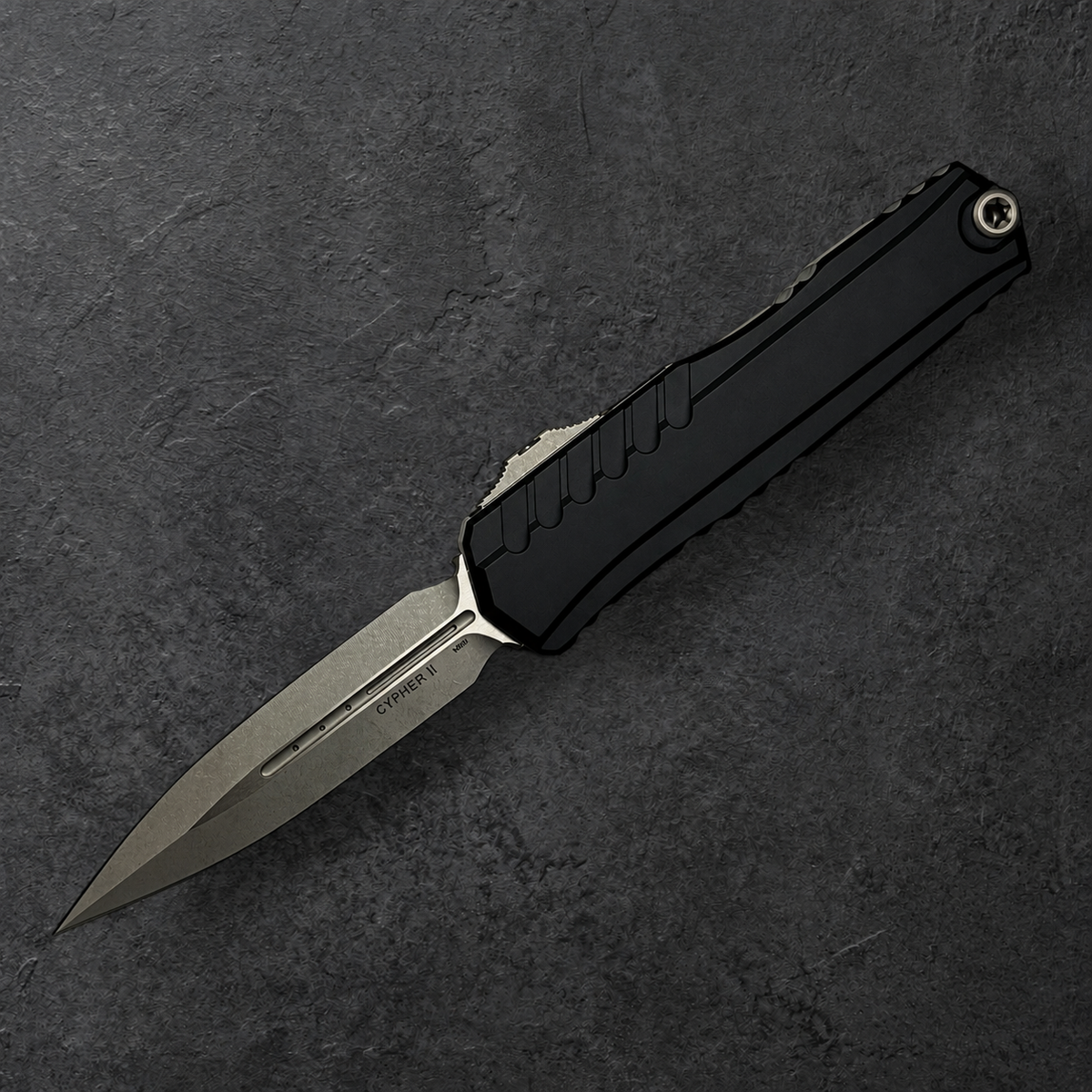 MICROTECH - Cypher II Double Edge in Black with Apocalyptic Blade. Model # 1242-10 AP