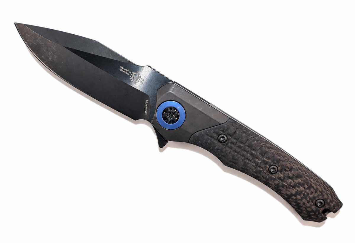 HERETIC-  Wraith Manual V3 in Titanium Chassis, Carbon Fiber Inlays W/ DLC Battleworn MagnaCut Blade & Blue Ti Accents Model # H001-6A-BLUTi