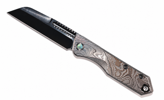 HERETIC KNIVES CUSTOM - Jinn - Vegas Forge Wood Grain Damascus Handle & Abalone Accents W/ Hand Ground DLC Magnacut Blade.