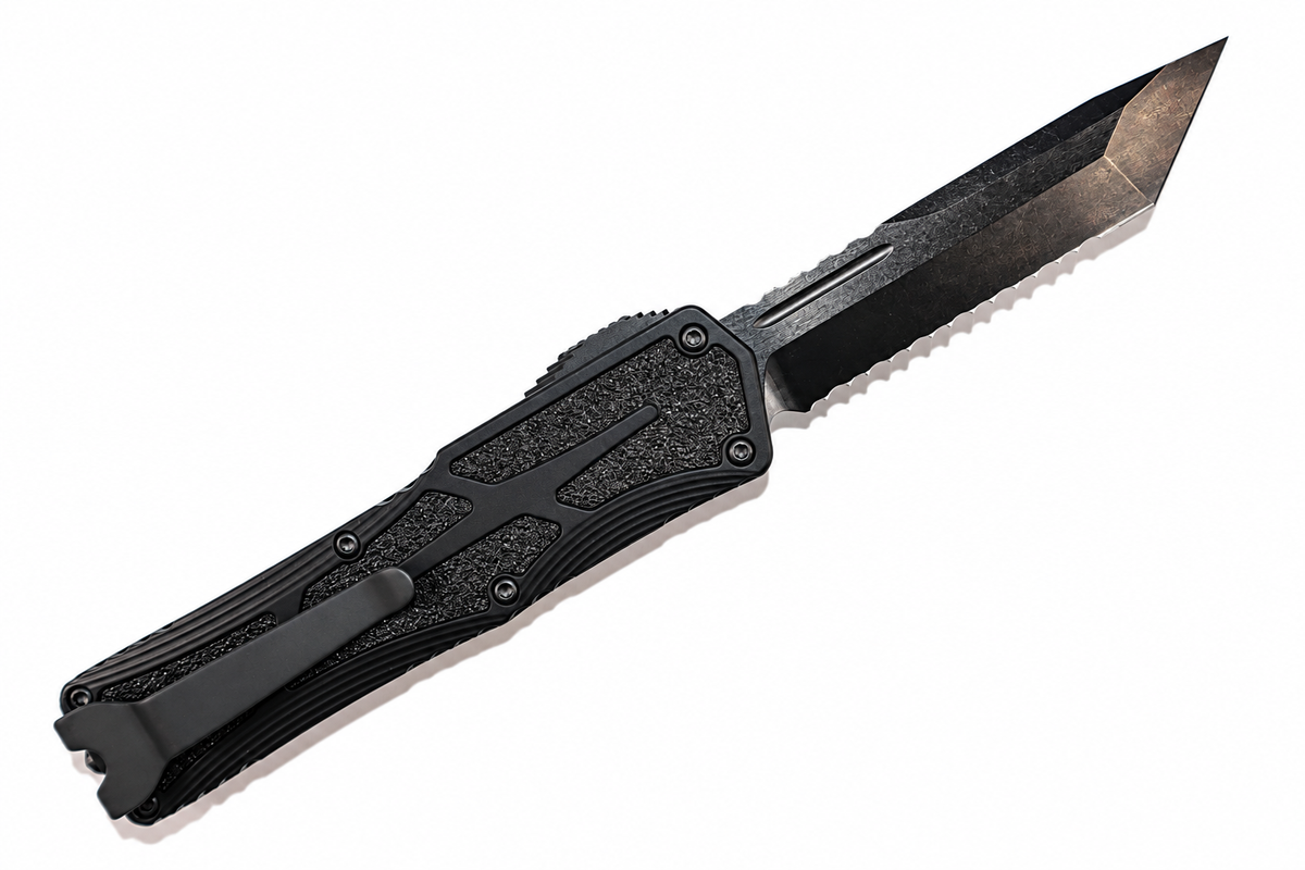 HERETIC - Colossus in Tactical Black W/ Black Grip Inlays & DLC Full Serrated Tanto Edge Blade Finish. Model # H040-6C-T
