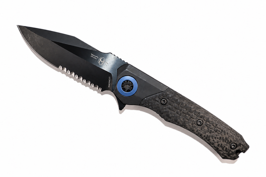 HERETIC-  Wraith Manual V3 in Titanium Chassis, Carbon Fiber Inlays W/ DLC Serrated Battleworn MagnaCut Blade & Blue Ti Accents Model # H001-6B-BLUTi