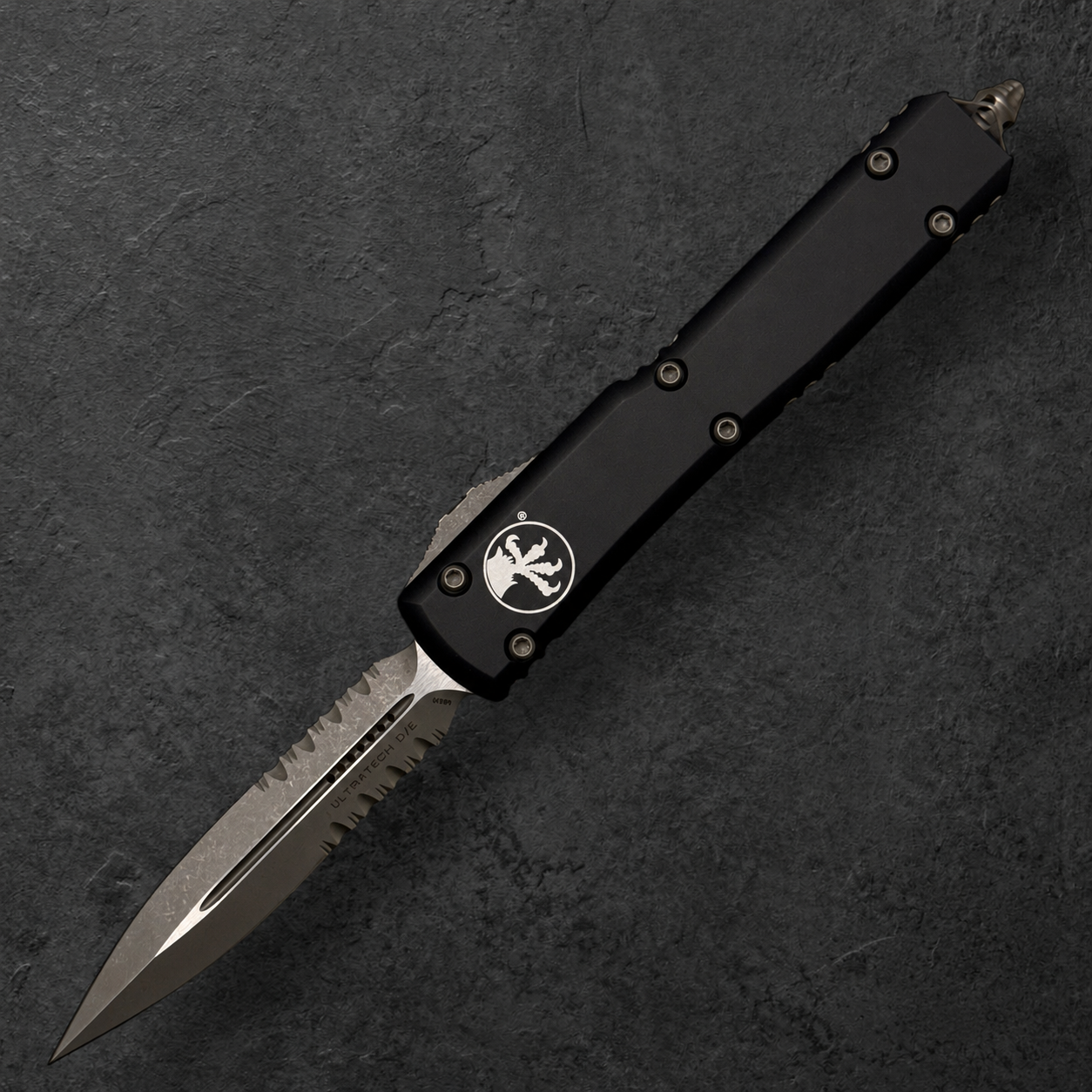 MICROTECH - Ultratech Partial Serrated Double Edge in Black with Apocalyptic Finished Blade. Model # 122-11 AP