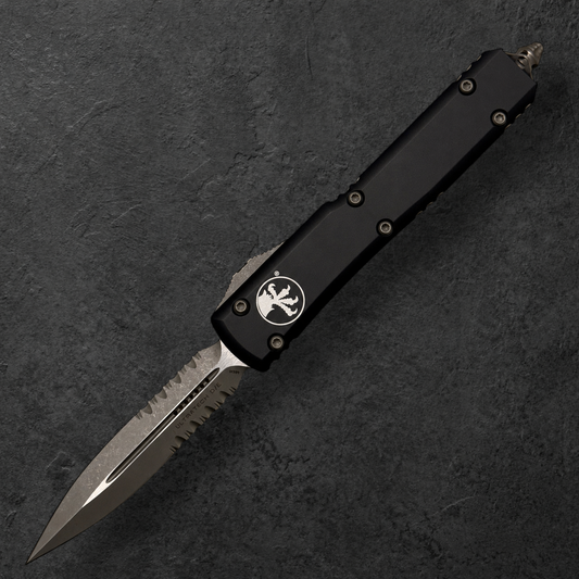 MICROTECH - Ultratech Partial Serrated Double Edge in Black with Apocalyptic Finished Blade. Model # 122-11 AP