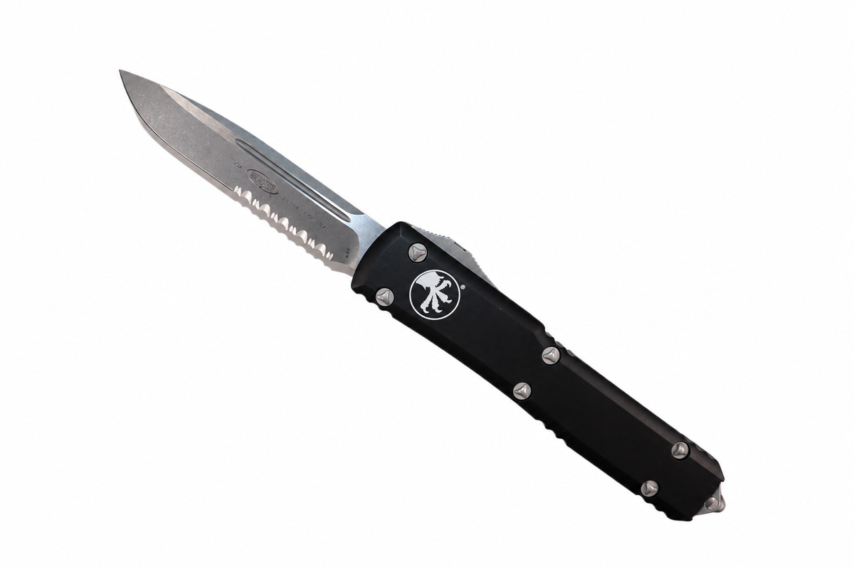 MICROTECH - Ultratech Partial Serrated Standard Edge in Black with Apocalyptic Finished Blade. Model # 121-11AP