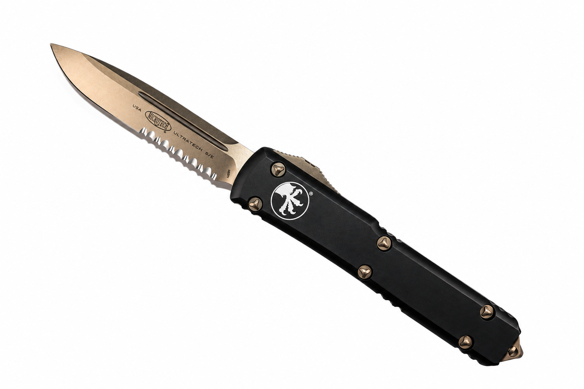 MICROTECH - Ultratech Partial Serrated Standard Edge in Black with Bronzed Blade and Hardware. Model # 121-14