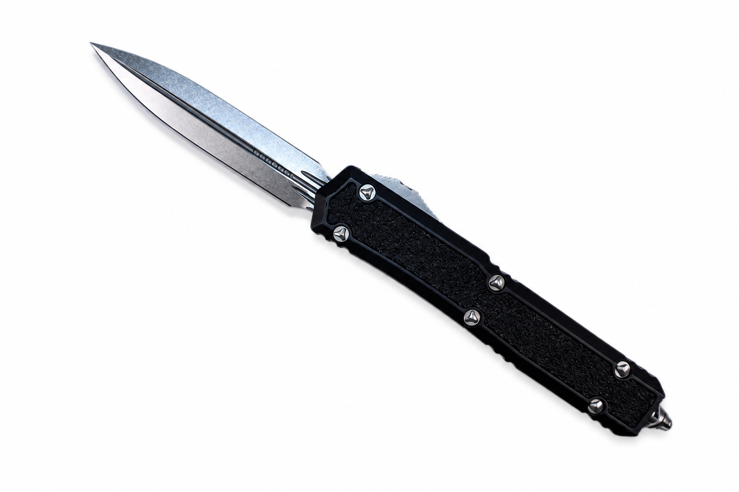 MICROTECH - Signature Series Makora Double Edge with Black Handle and Stonewashed Finish Blade. Model # 206-10S
