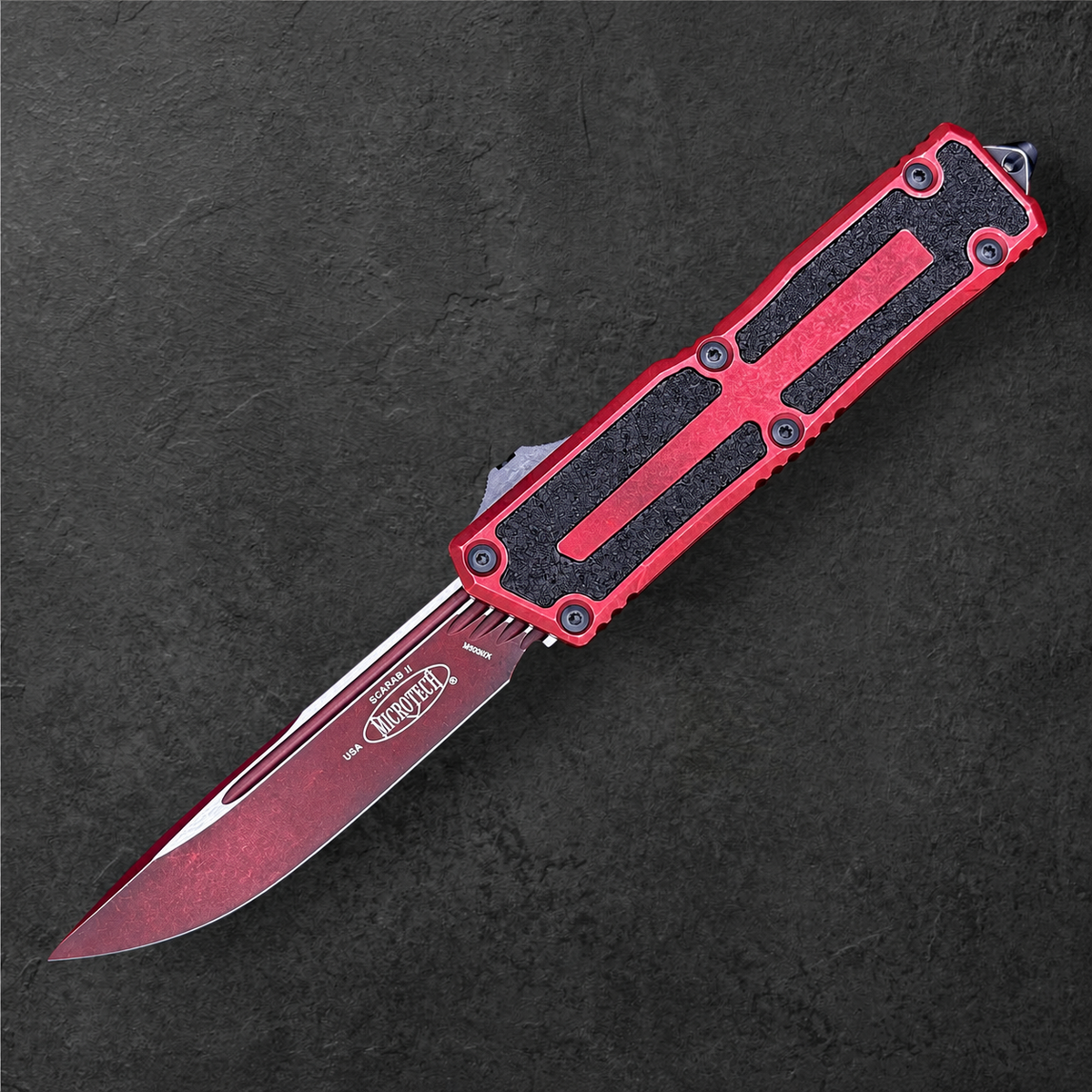 MICROTECH - Scarab II Gen III in Weathered Crimson Red W/ Standard Edge Blade. Model: 1278-1 WCN