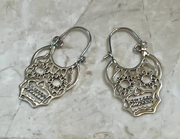 Sugar Skull Face Sterling Silver Earrings on Hoop Hook