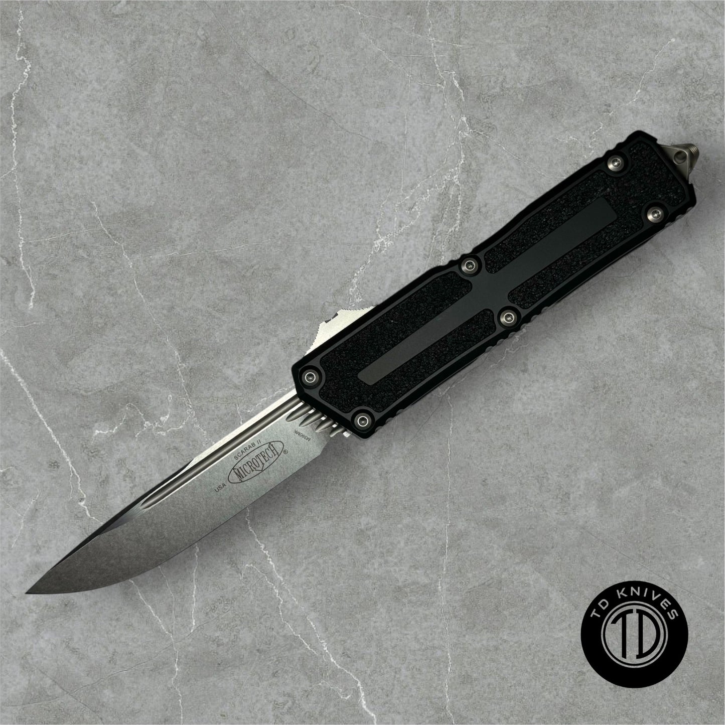MICROTECH - Scarab II S/E Gen III in Black W/ Stonewash Standard Edge Blade. Model: 1278-10