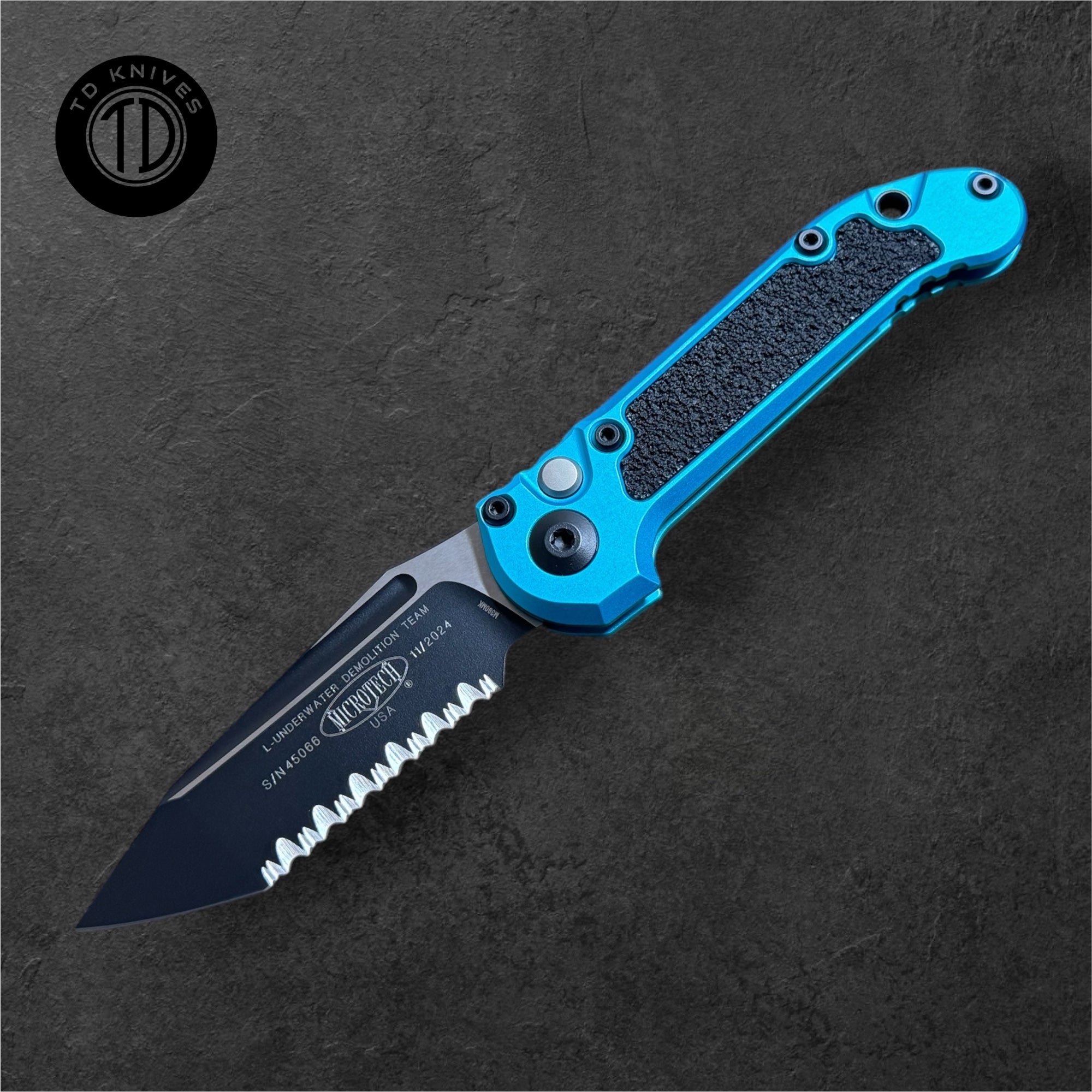 Microtech Dealer MICROTECH - LUDT T/E Gen III in Turquoise W/ Full Serrated Black Blade ...
