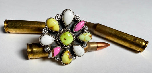 Sterling Silver Palomino Turquoise, Orange Mojave, Cotton Candy & White Buffalo Adjustable Ring