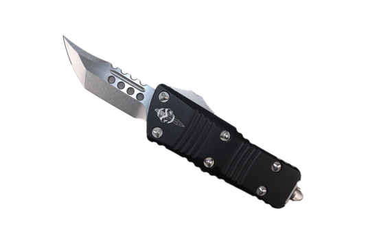 MICROTECH - Signature Series Mini Troodon with Black Handle and Stonewashed Hellhound Blade. Model # 819-10S